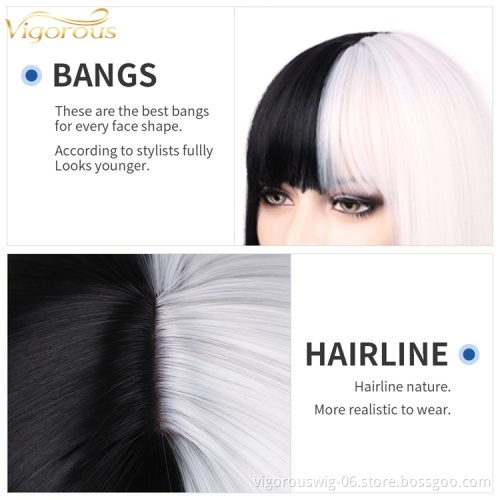 Short straight Bob Wigs Bangs Women Synthetic Wig Shoulder Length Black half White Hair Girl's Colorful Hair Halloween Cosplay